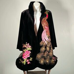 NWT Black Velvet Jacket with Embroidered Pink & Gold Peacock- sequins